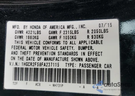 2015 Honda Accord Sport from USA, damaged, VIN 1HGCR2F58FA237115
